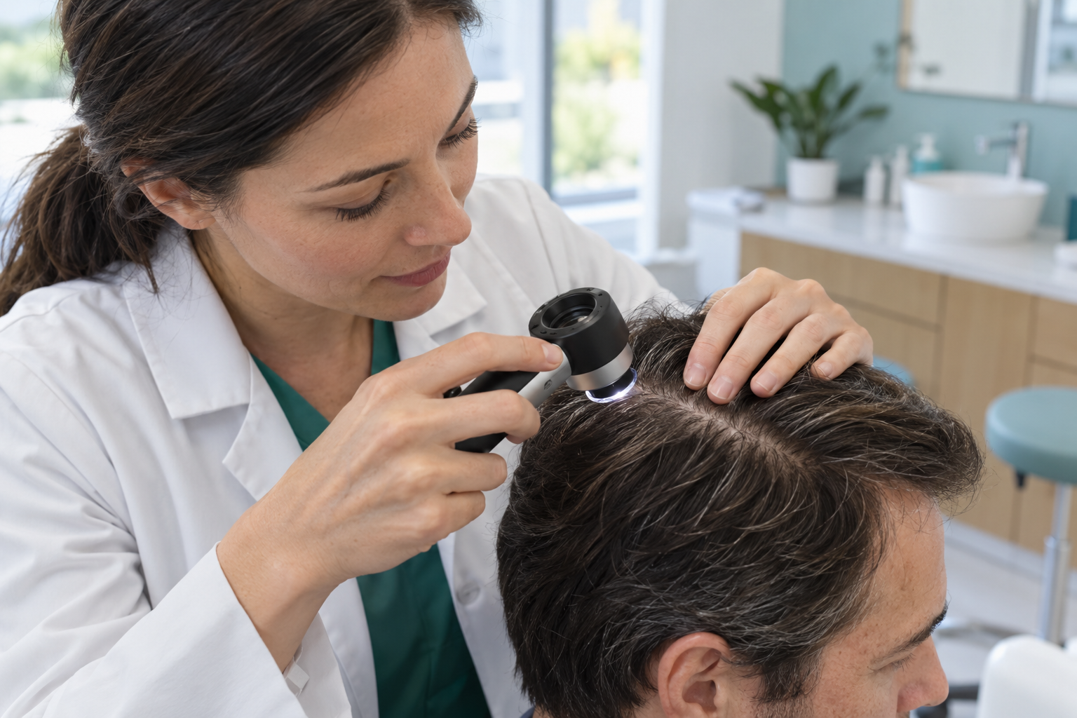 Dermatoloq tərəfindən baş dərisinin trixoskopiya ilə m&uuml;ayinəsi