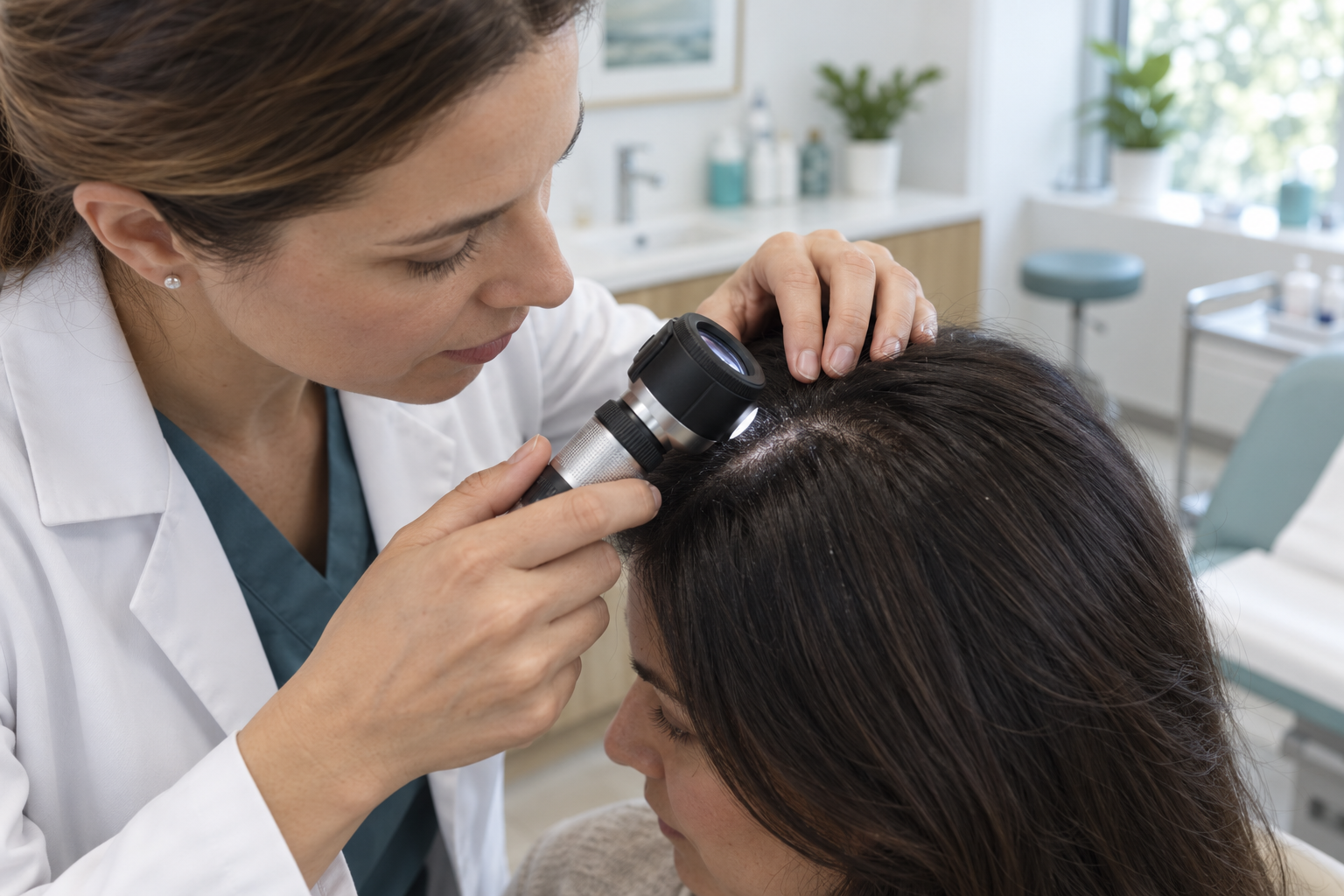 Dermatoloqun sa&ccedil; dibində qaşınma və qabıqlanmanı m&uuml;ayinə etməsi
