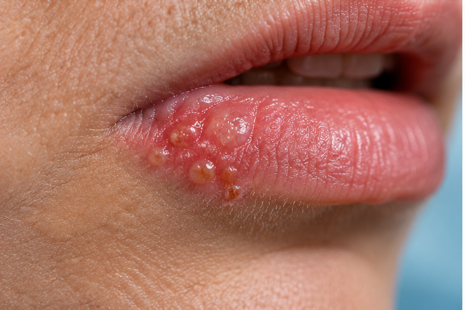 Dodaqda qruplaşmış herpes qabarcıqları, aftoz stomatit və herpes arasındakı klinik fərq