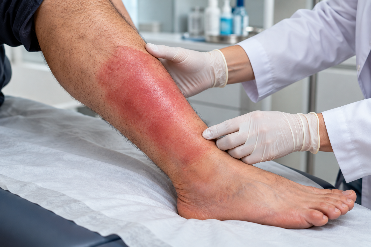 Qızılyel xəstəliyinin dermatoloq tərəfindən klinik m&uuml;ayinəsi, ayaqda qızartı və &ouml;dem