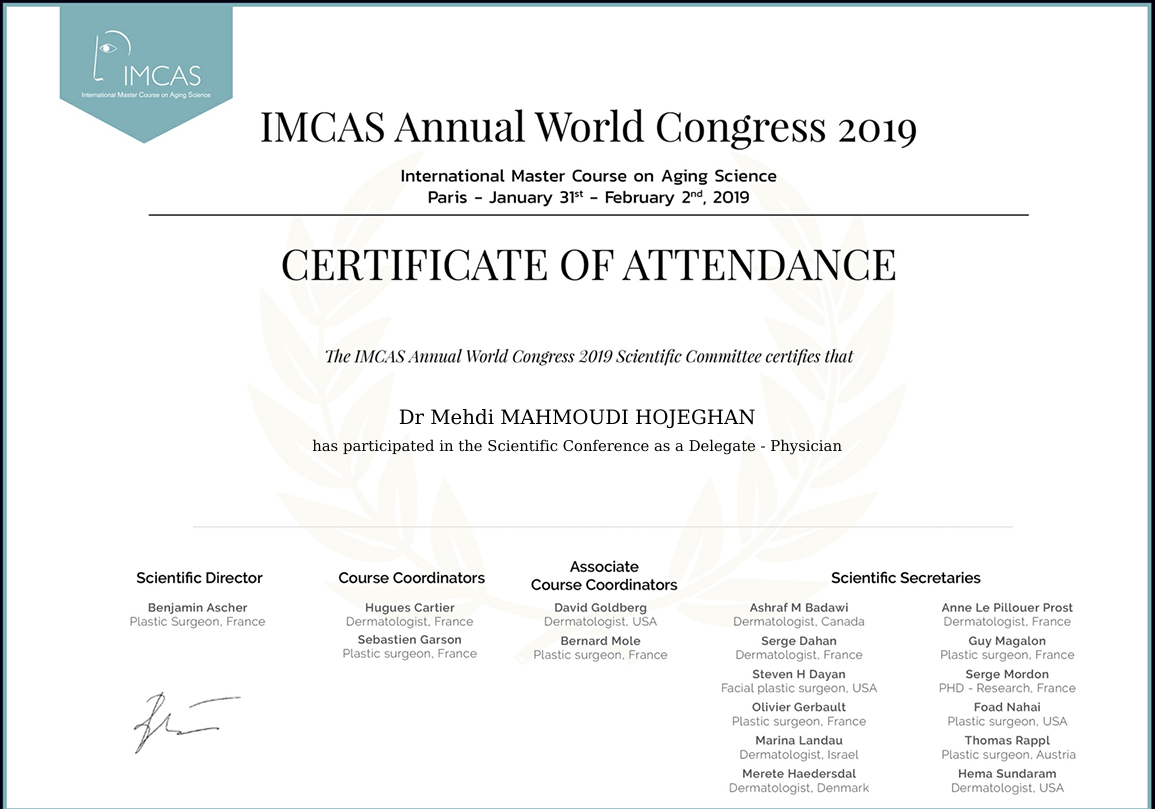 Dr Mehdi Mahmudi IMCAS Annual World Congress 2019 Paris sertifikati