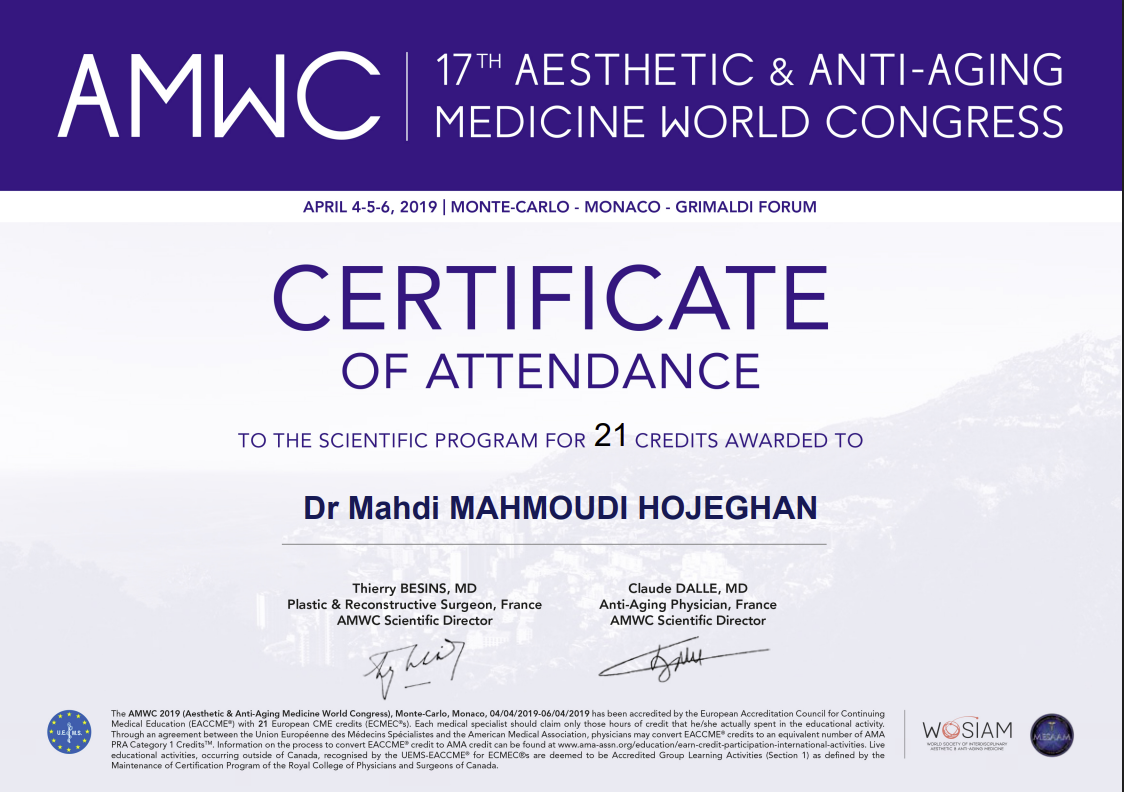 Dr Mehdi Mahmudi AMWC 2019 Monte-Carlo estetik tibb konqresi sertifikati