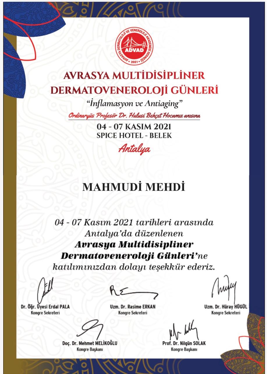 Dr Mehdi Mahmudi dermatovenerologiya konqresi Antalya 2021 sertifikati